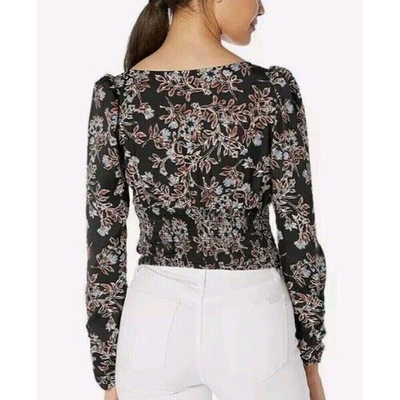 Free People Santiago Blouse Size XS Smocked Black Combo Floral Print Scoop Neck - Picture 2 of 9